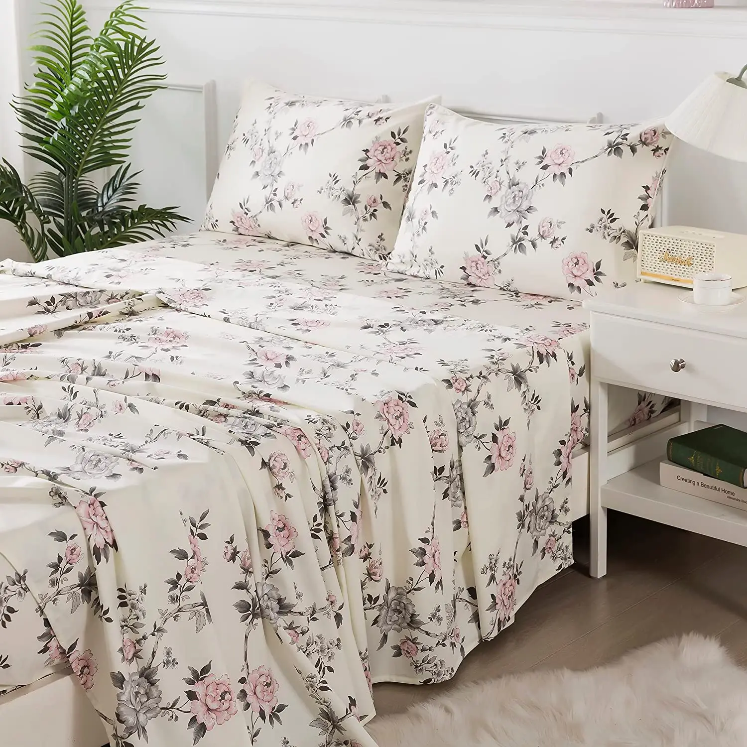 Egyptian Cotton Bedding Sets Luxury Bed Sheets Rose Floral Bedding Shabby Grey and Pink Peony Printed