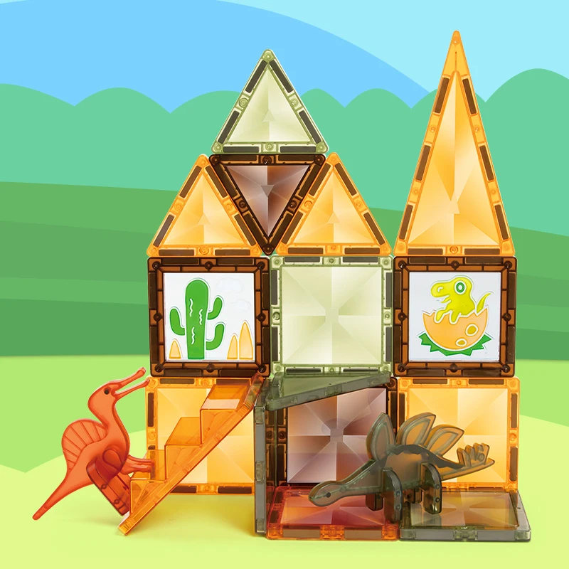 New Arrival STEM Magnet Tiles Plastic Dinosaur Magnetic Construction Building Blocks Set with Colorful Glue Gel For 3Y+ Kids