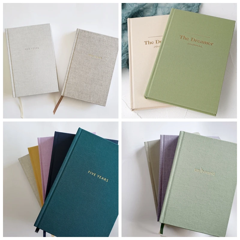 Пользовательские льняной журнал в твердом переплете с золотой фольгой штамповки логотипа A5 тканевые дневники блокноты