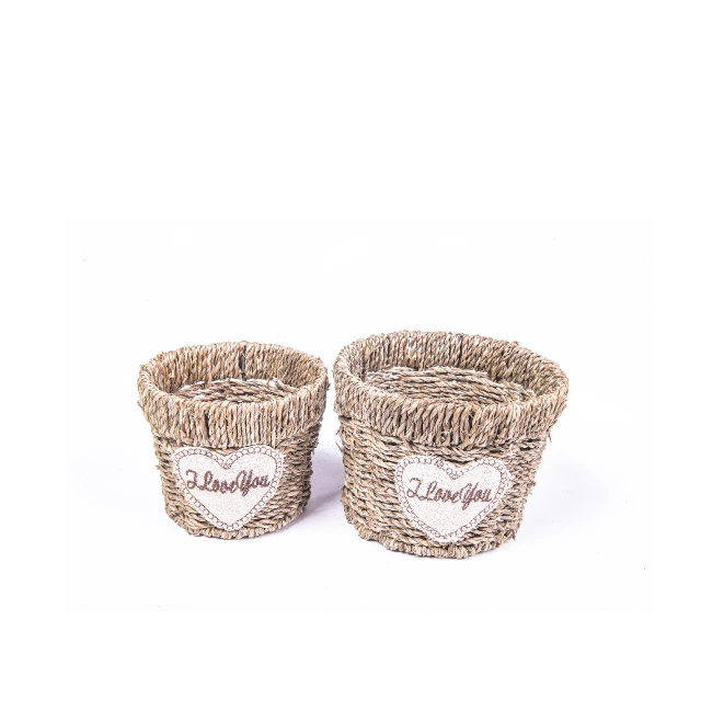 New design baby gift sweet rattan plastic basket with heart shape label woven storage basket handmade nature paper rope