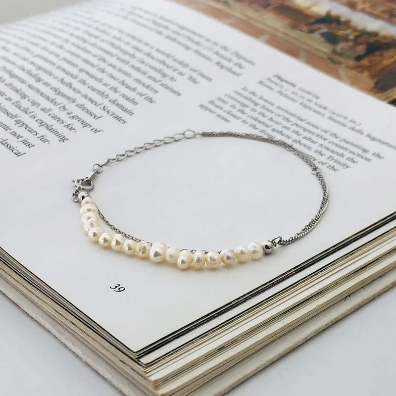 Sterling Silver 925 Double Chain Bracelet Gold Plated Pearl Bracelet Jewelry for Women