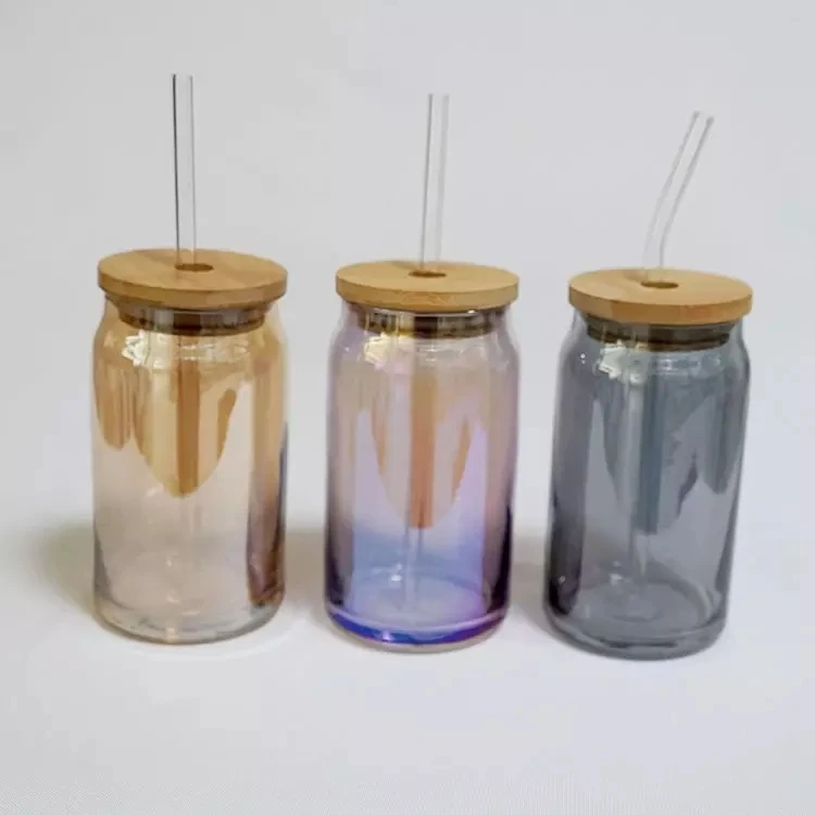 Amazon Trending Product Wholesale Lead Free Colorful 11oz 16oz Iridescent Beer Can Shaped Glass With Bamboo Lid And Straw