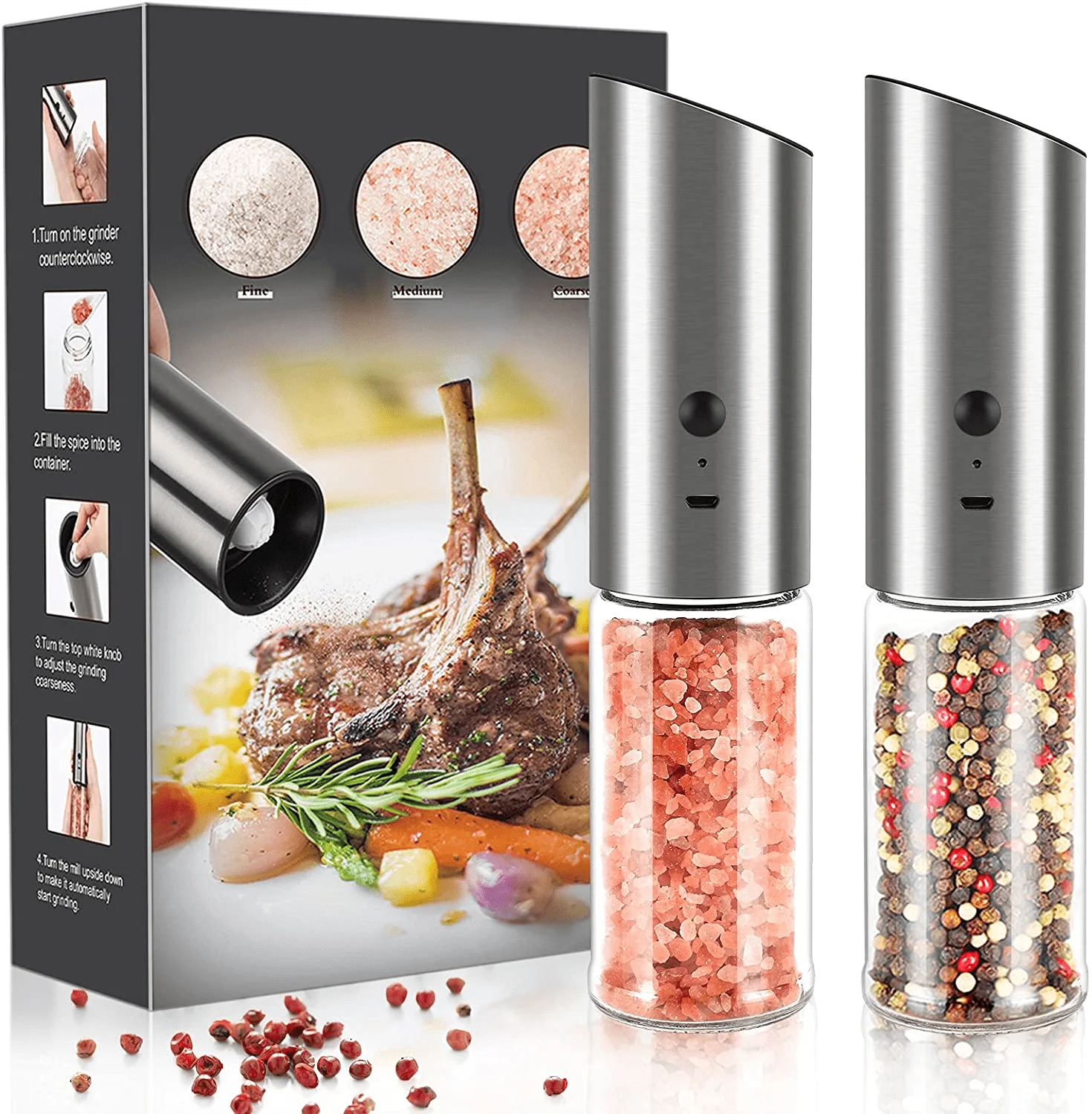 USB Rechargeable Ceramic Burr manual Spice Mill Gravity Electric Salt and Pepper Grinder with LED light