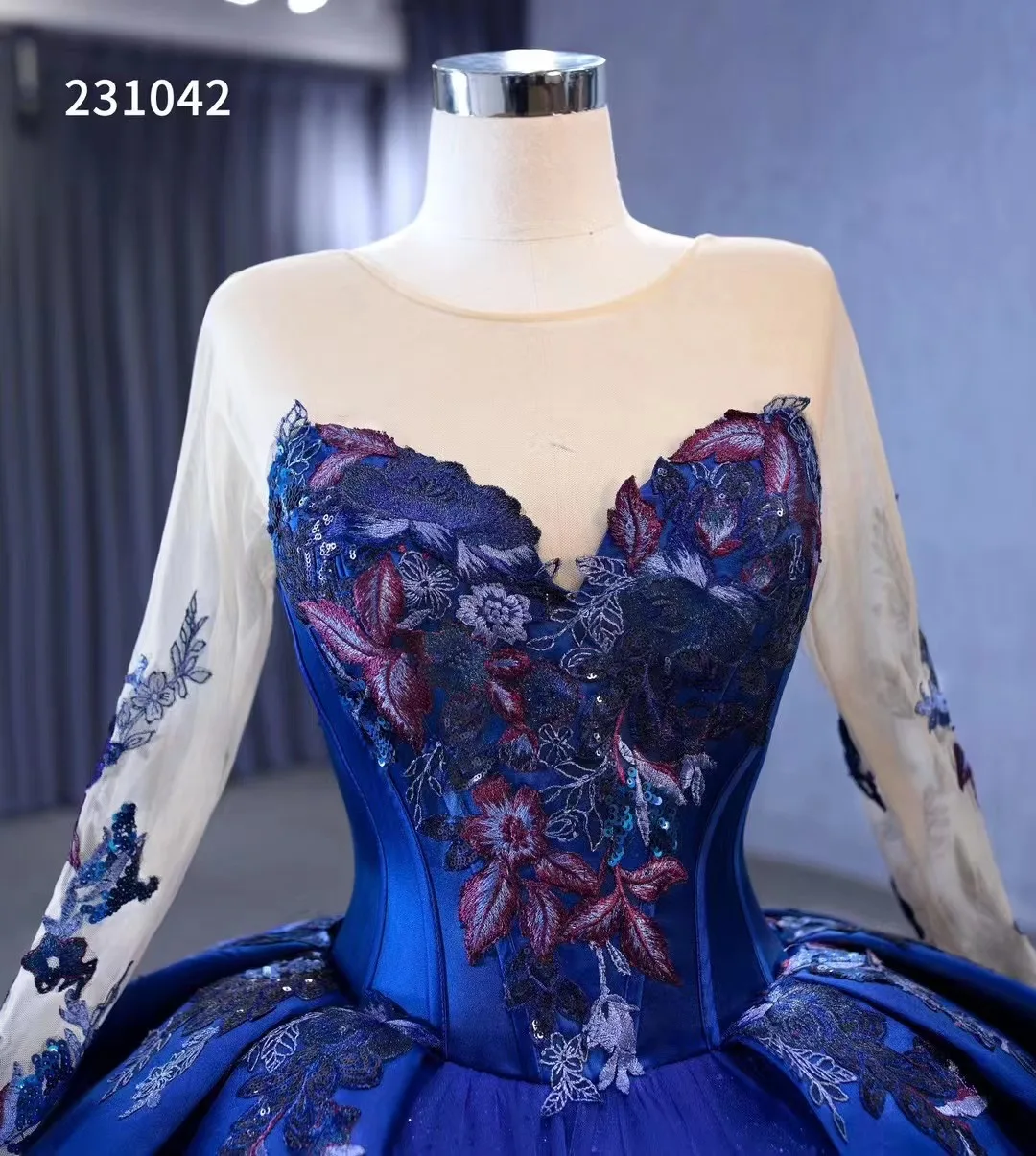 Feishiluo Wholesale  Muslim Full Sleeves Royal  Blue  bridal ballgown  luxury Fluffy wedding dresses  Custom Made