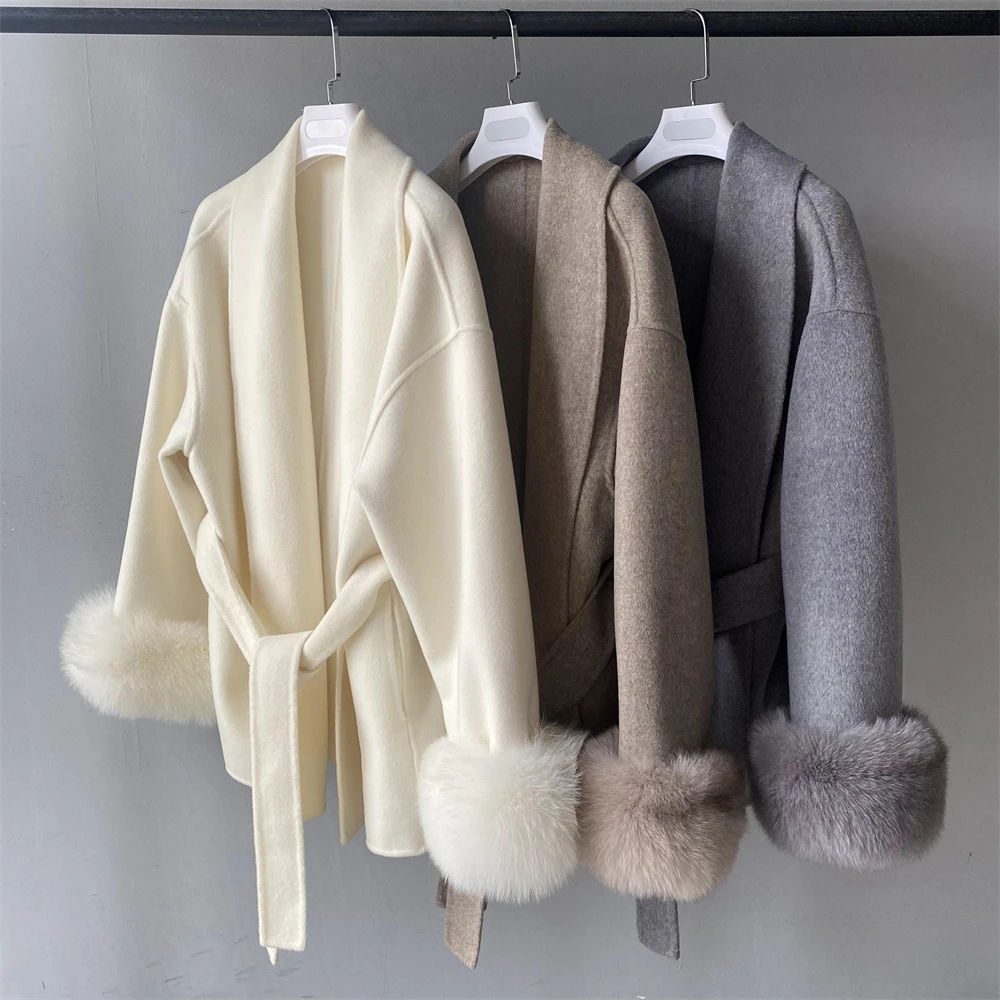 Soft Handmade Double Faced Wool Outwear Thick Warm Custom Logo Winter Autumn Fluffy Real Fox Fur Cuffs Grey Wool Coat Womens
