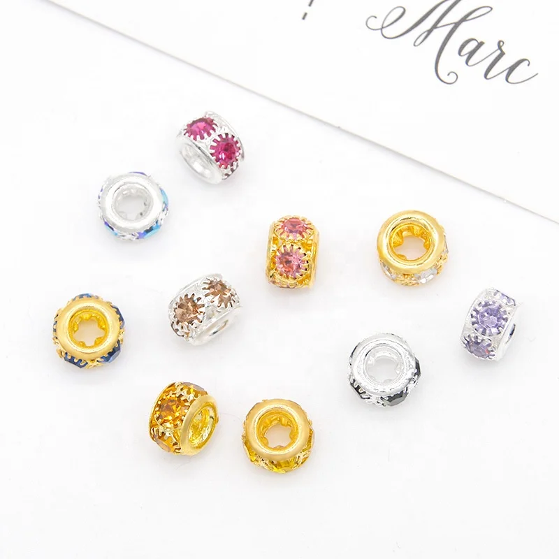 8mm Rhinestone inlaid large hole copper bead ring for DIY Jewelry Accessories