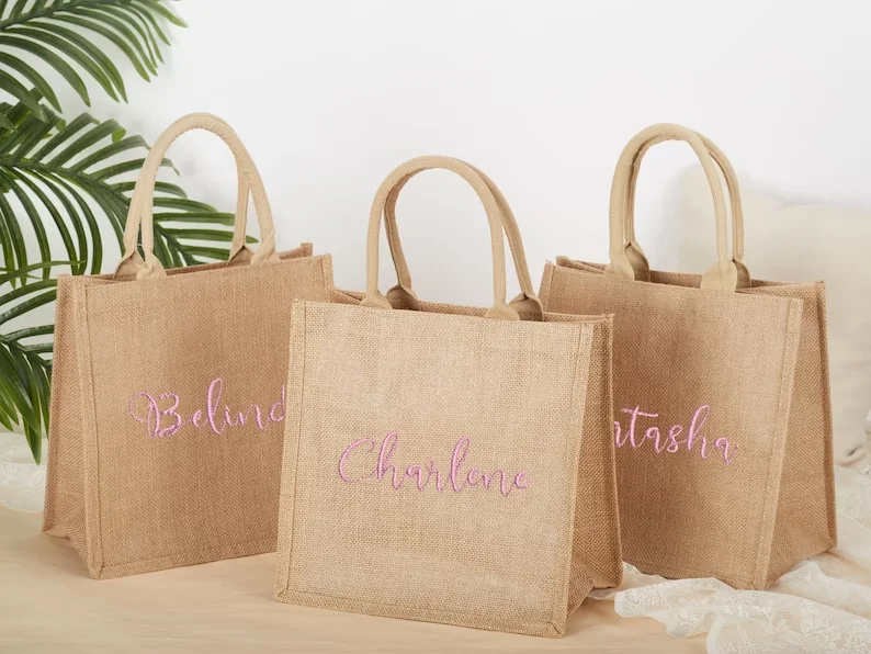 Custom Coated Linen Shopping Bag custom logo jute large capacity DIY tote bag eco-friendly material With Black sides