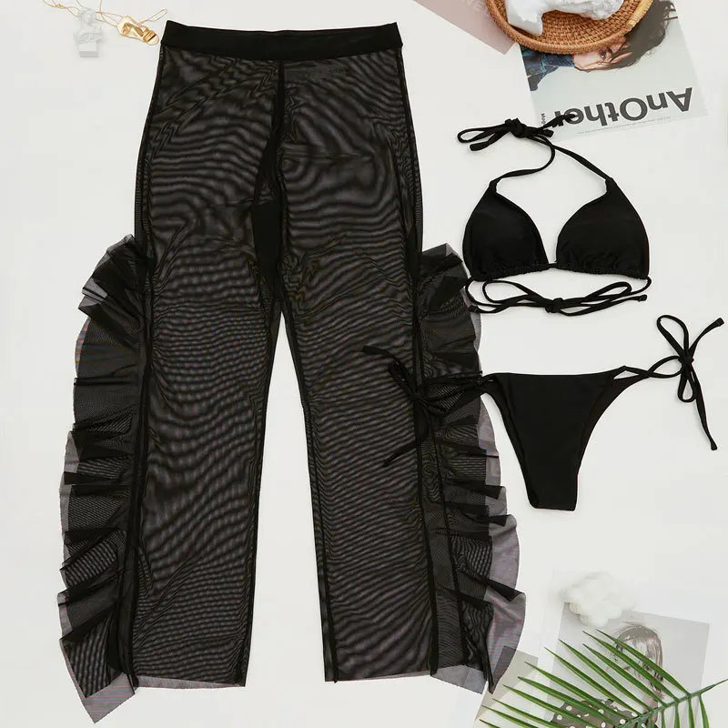 Custom Fitness Bikini&Beachwear Sexy See Through Swimwear Three Piece Beach Cover Up Bikini for Women