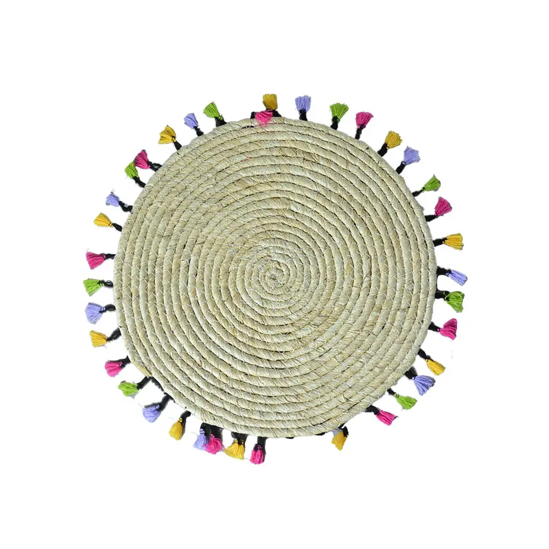 Table mat Round light brown placemat Corn husk woven desktop insulation pad with tassels