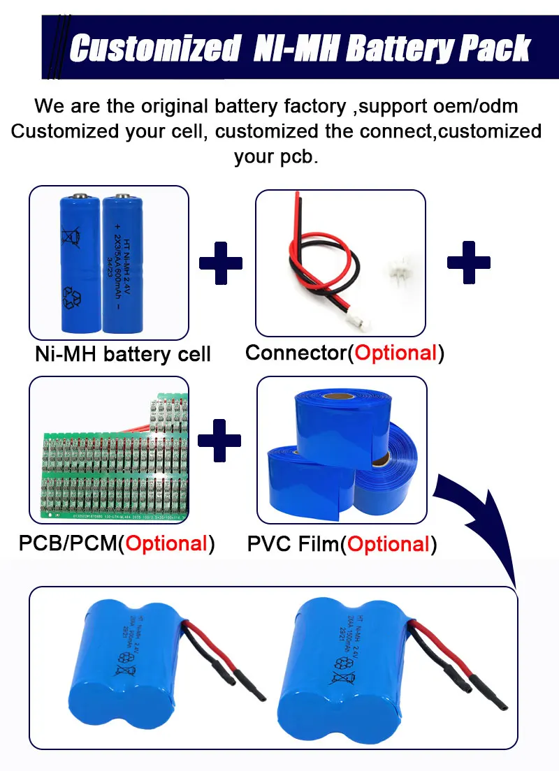 Factory Customized NiMH Battery Pack 900mAh 1500mAh 2.4V AA AAA Rechargeable Nimh Battery Batteries Pack