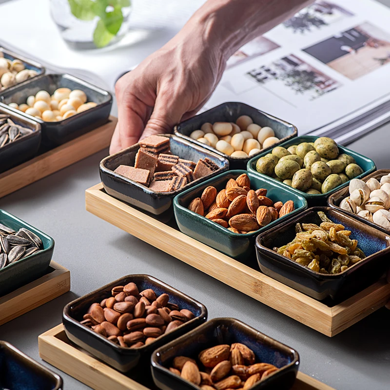 Japanese Dessert Pudding Bowl Natural Bamboo Wood Tray Candy Snack Storage Tray Food Compartment Salad Bowls Ceramic Fruit Plate