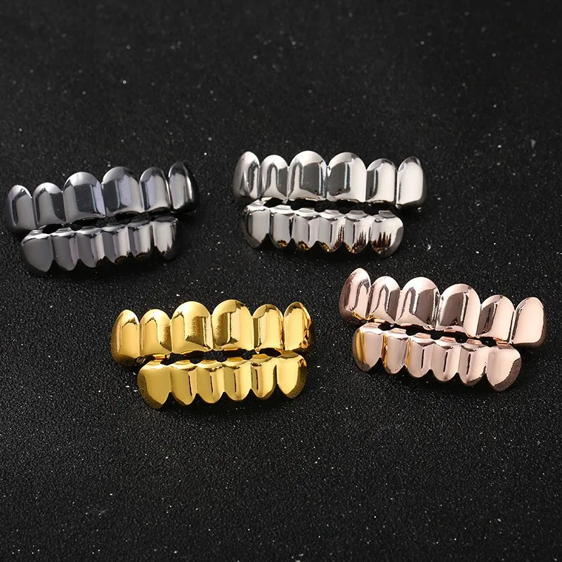 Factory wholesale Halloween jewelry gold silver rose gold black color plating brass hip hop glossy six teeth iced out grillz