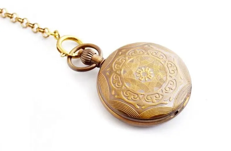 Lower MOQ Custom Engrave Flower Flora Mechanical Pocket Watch Case Bronze Pocket Watch