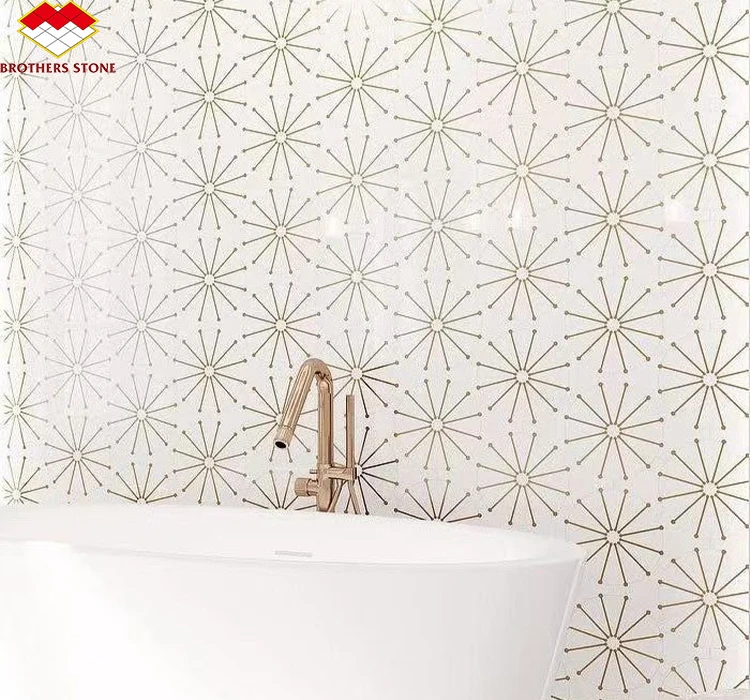 Modern High quality brass inlay arabescato white marble waterjet mosaic tile for sale