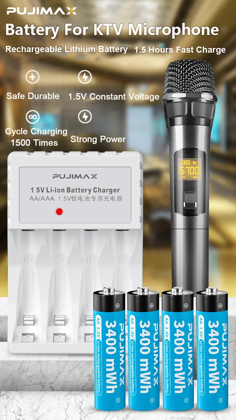 PUJIMAX 1.5v lithum-ion battery charger set 4 slots rechargeable battery charger with 4 pcs li-ion batteries with usb cable