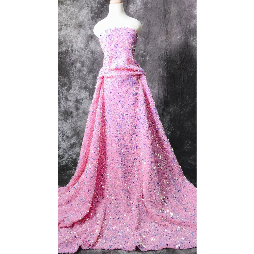 2024 Popular Luxury Glitter Velvet Sequin Embroider Fabrics Textile Lace Bridal Pink Holographic Sequins Velvet Fabric Dress