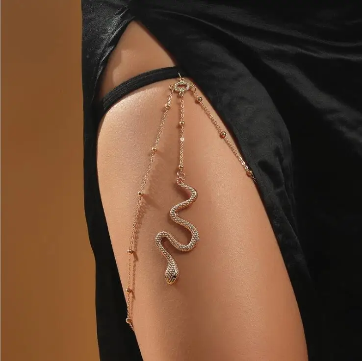 Boho Gold Color Metal Beaded Chain Thigh Chain For Women Big Snake Pendants Leg Chain Body Jewelry