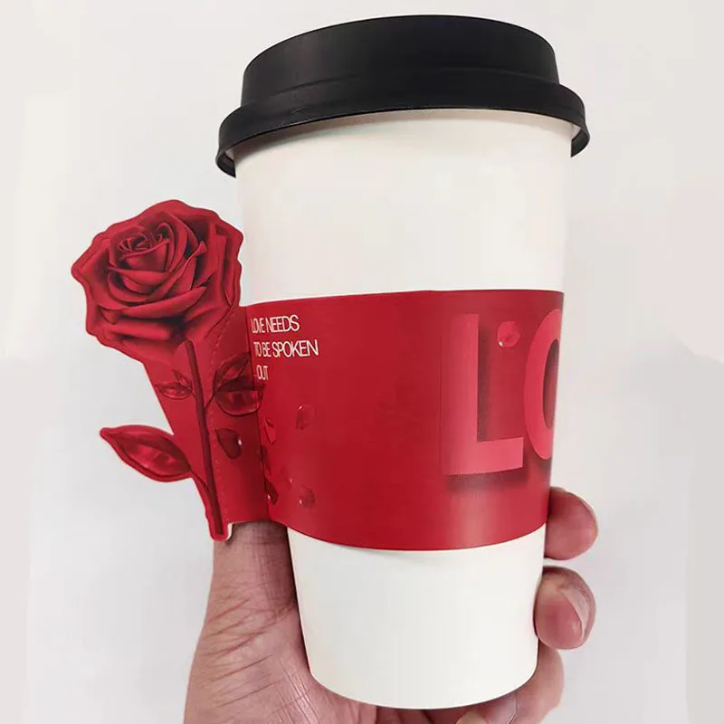 Red Rose Cup Sleeve Insert Card Milk Tea Cup Custom Logo Disposable Waterproof Paper Sleeves