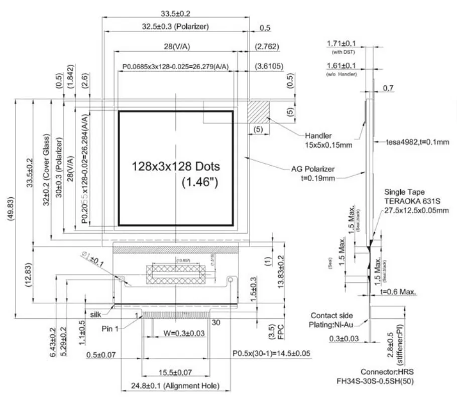 1.46 inch OLED 128x128 Square OLED Display 30pin Full Color SSD1351 OLED Module