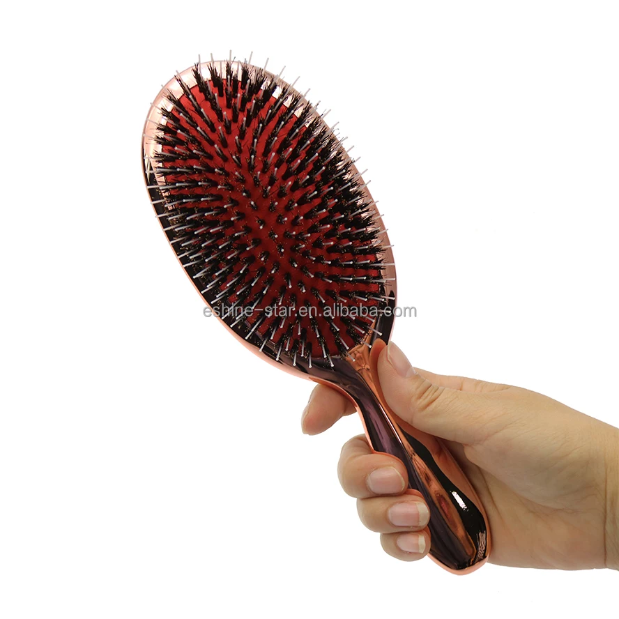 Custom Logo Rose Gold Color Electroplated Boar Bristle Glossy Hair Brush Extension Hair Brush