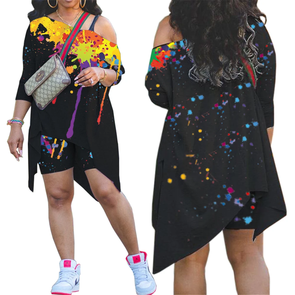
2021 New Summer Women Casual Suit Positioning Ink-Splash Printing Diagonal Shoulder Two-Piece Set 0309009 