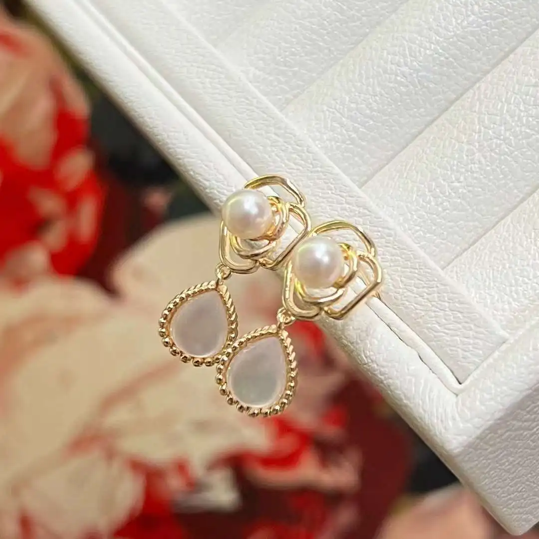 New Camellia Flower Water Ear Drops 6-7MM Natural High Quality Freshwater Pearl Chinese Classical Pendant Earrings
