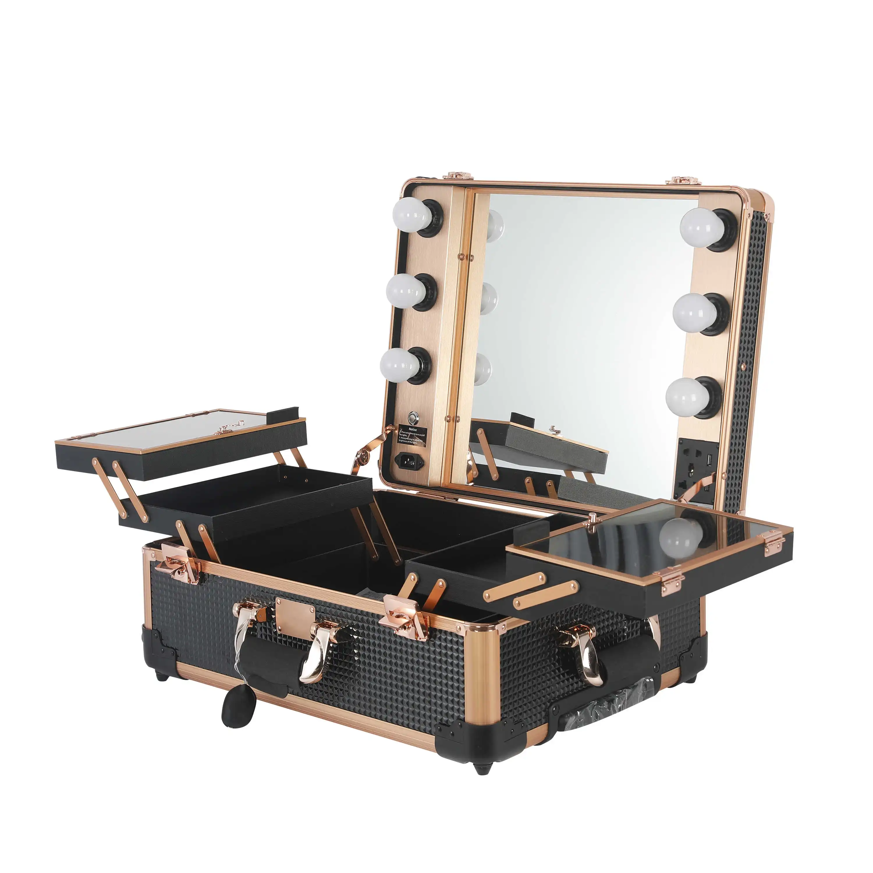 Voice Control Rolling Makeup Case  with LED Light Mirror Adjustable Legs Lockable Train Table Studio Artist Cosmetic