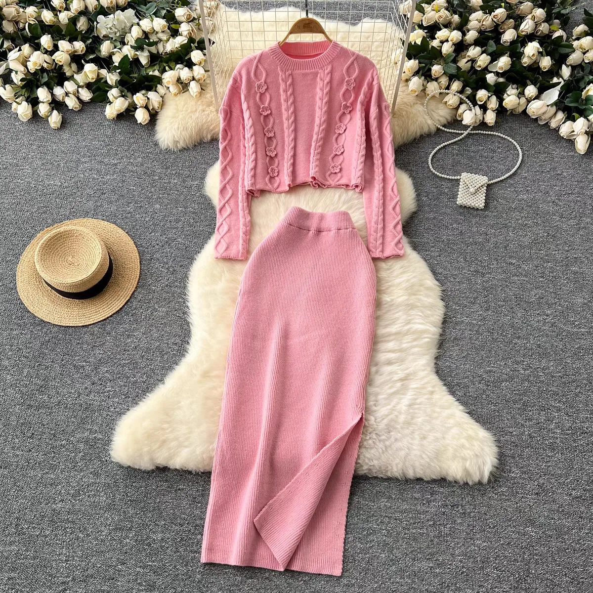 French Retro Female Two-Piece Set Casual Pleated Solid Pattern Single Shoulder Halter Top Open Half Skirt Knitted Autumn Loose