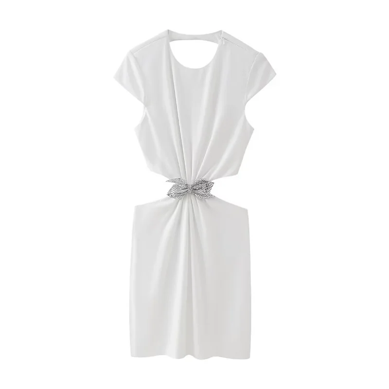 TAOP&ZA 2024 Spring and Summer New White Bow Decorated Waist Hollow Niche Design Short Backless Dress for Women 2800636