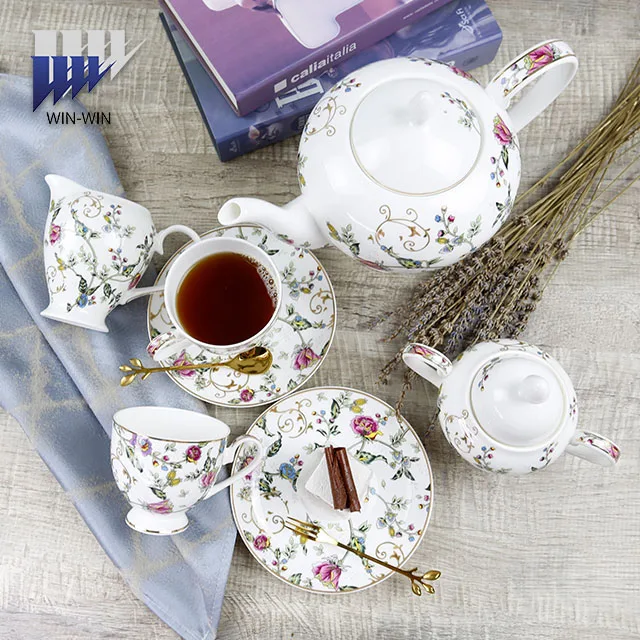 European nordic eco-friendly fine bone china tea set 15 pieces ceramic tea cup set for luxury flower design