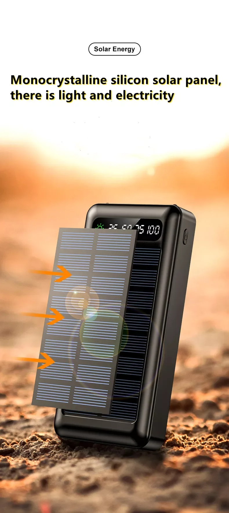 Solar Portable Power Bank 20000mAh 4 Build-in Wires Fast Charging Safe Polymer Power Bank with Cable LED light