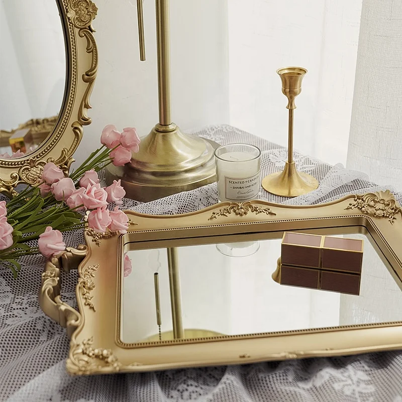 Retro European style decoration shooting ornaments jewelry embossed hollow mirror PP plastic tray round square mirror tray