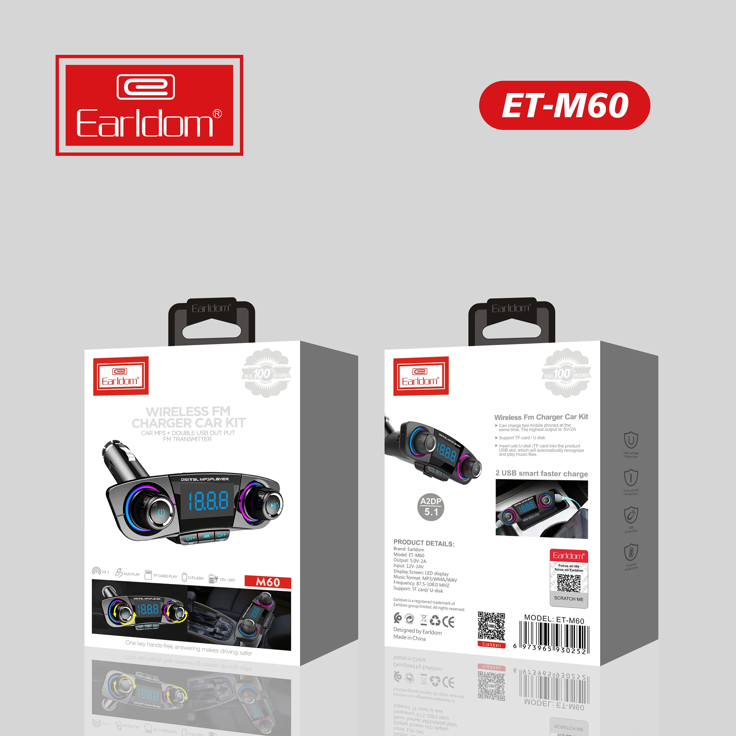 Earldom BT FM Transmitter Wireless Radio Adapter Car Kit with Dual USB Charging Car Charger MP3 Player Support TF