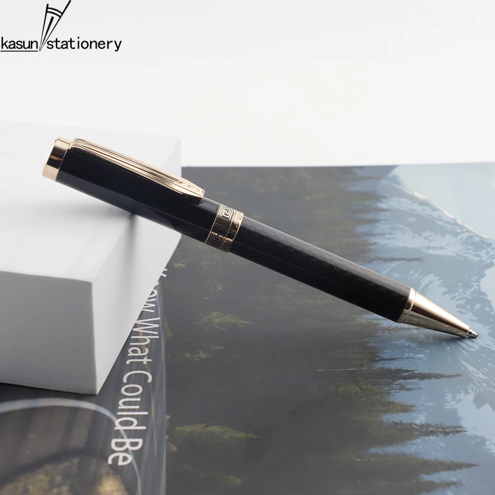 Heavy Luxury Rose Gold Metal Carbon Fiber Ball Point Pens with Engraved Pattern on the Middle For a VIP Gift