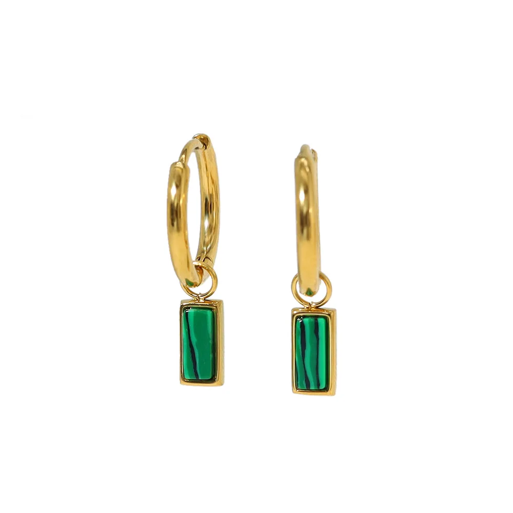 316l Stainless Steel 18K Emerald Baguette Hoop Earrings Huggie Hoops Small Green Stone Crystal Thin Gold Earring Minimalist