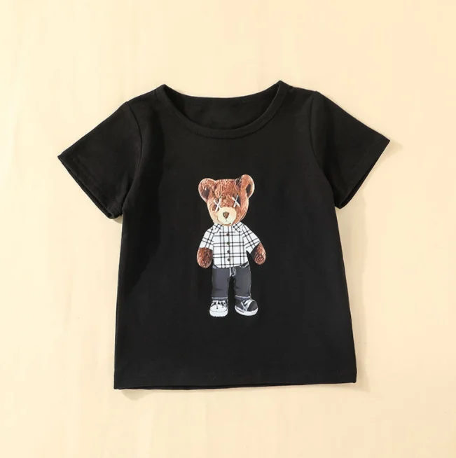 2pcs/Set Summer Wear Boys Black Cartoon Bear Print Short Sleeve T-shirt Matching Plaid Shorts Set For Boys Kids Clothes