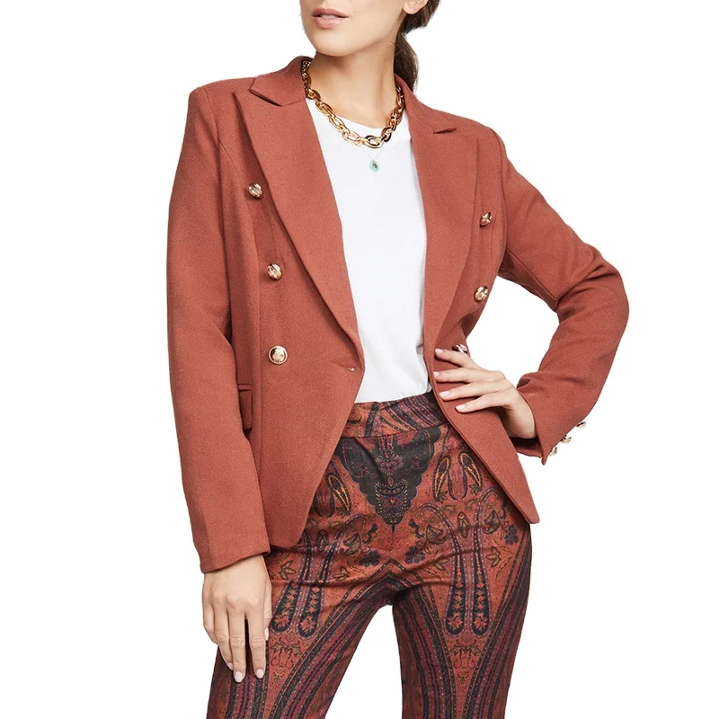 Oem Custom High Quality Notched Collar Long Sleeves Double Breasted Solid Basic Woolen Blazer Jackets For Women