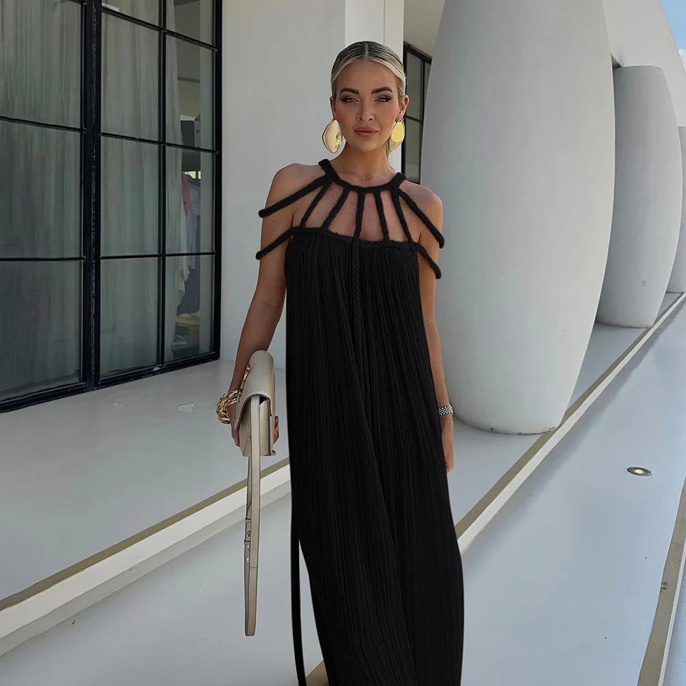 2024 Summer Long Dress Halter Deep V-neck Backless Club Wear Knitted Sexy Hollow-out Handmade Rope Design Dress