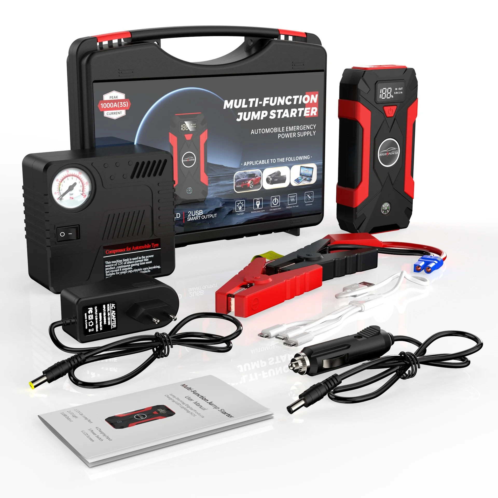 Emergency Power Supply Booster Portable Power Bank Battery Inflator Pump Inflation Cylinder Fast charger 12V Car Jump Starter