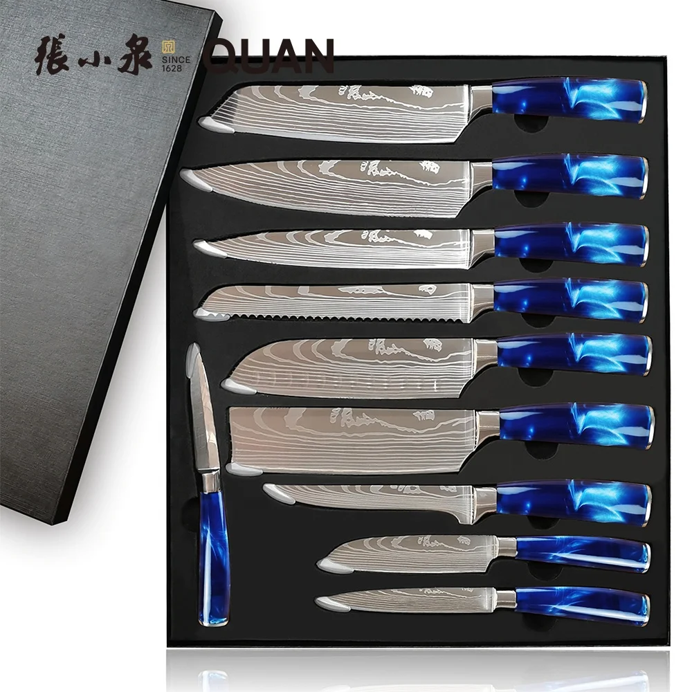 High Quality Laser Pattern Custom Japanese Quality Brand Stainless Steel Damascus Chef Knife Resin Handle Set of Kitchen Knives