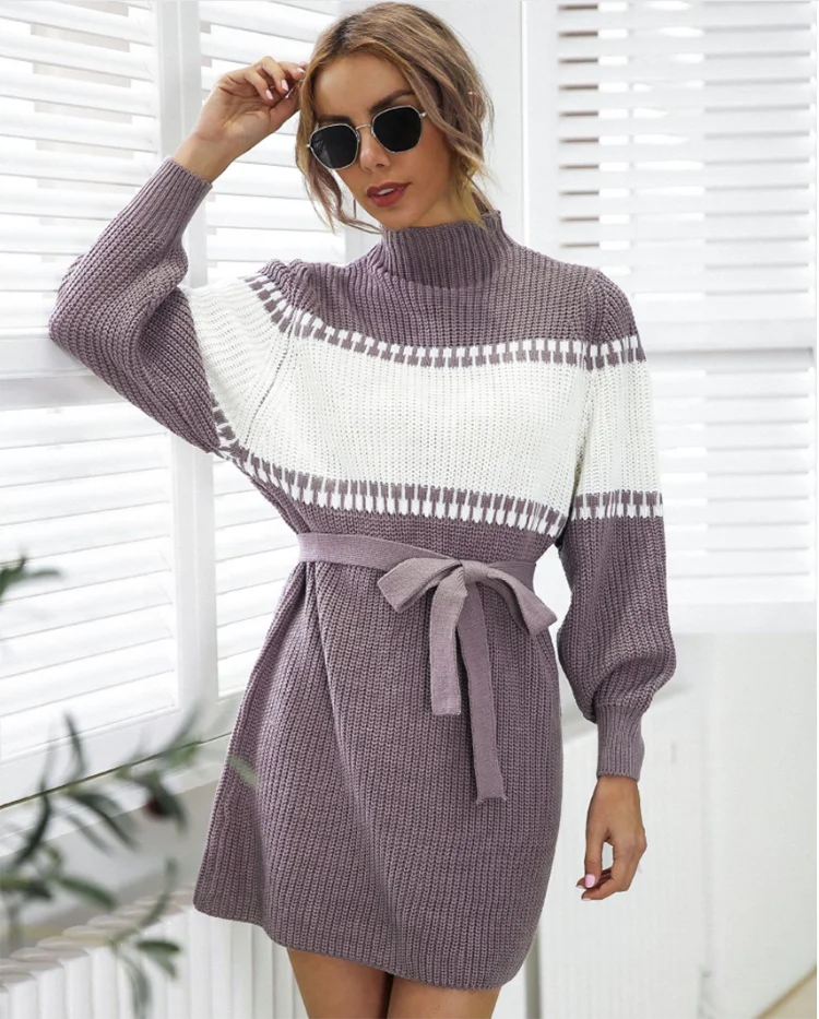 Зимняя разноцветная с устойчивым каблуком, на шнуровке, с высоким воротником и рукавами-фонариками женские платья с высоким, плотно облегающим шею воротником, теплые мягкие носки до колен женские вязаное платье-свитер