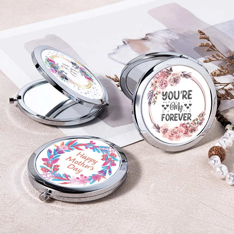 Wholesale Custom 7CM Double Side Foldable Cosmetic Mirror Logo Pattern Pocket Beauty Mirror for Wedding Birthday Makeup Dressing