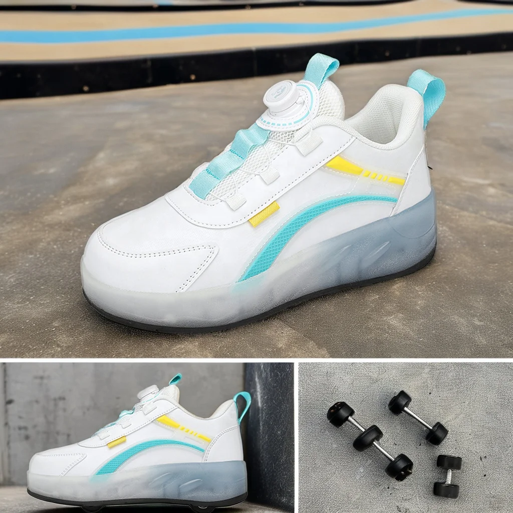 Unisex Casual Roller Skates for Beginners Leather-Top Rotary Buckle Sports Wheel sneakers Shoes For Girl and Boy
