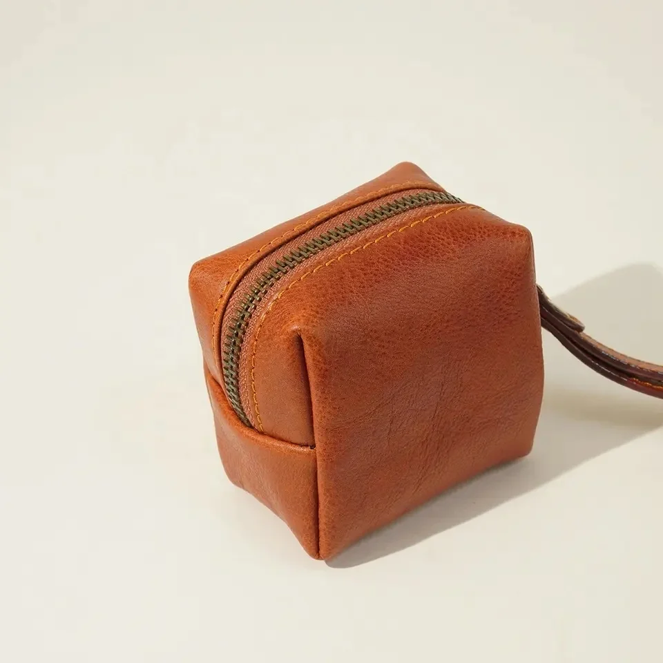 Custom Vegan Leather Small Coin Purse Square Shaped Women Wrist Strap Key Chain Coin Purse