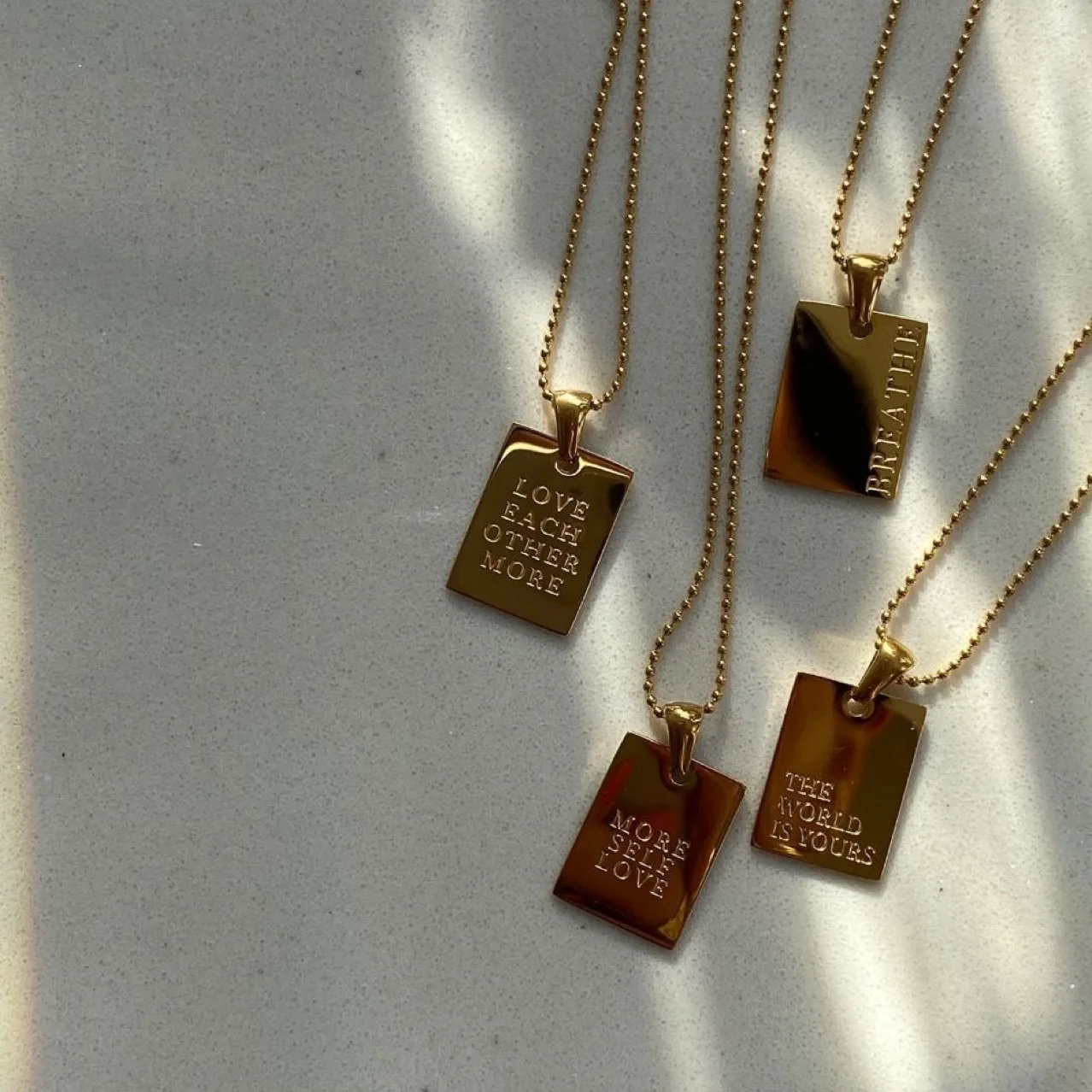 Hot Sale 4 Design Motto Engraved Letter Necklace Square Medallion Inspiration Stainless Steel for Women 18K Gold Plated Chains
