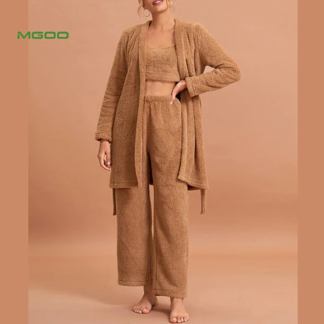 MGOO 3pack Solid Flannel PJ Set And Belted Robe Winter Warm Pajama 3pcs Teddy Loungewear