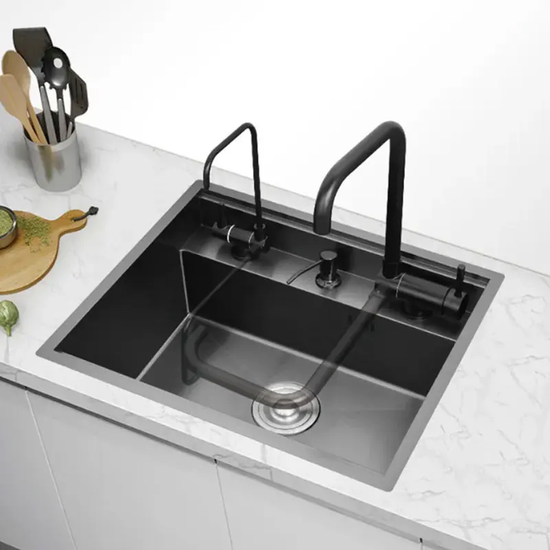 Multifunctional nano black stainless steel 304 single bowl undermount hidden kitchen workstation sink with foldable faucet