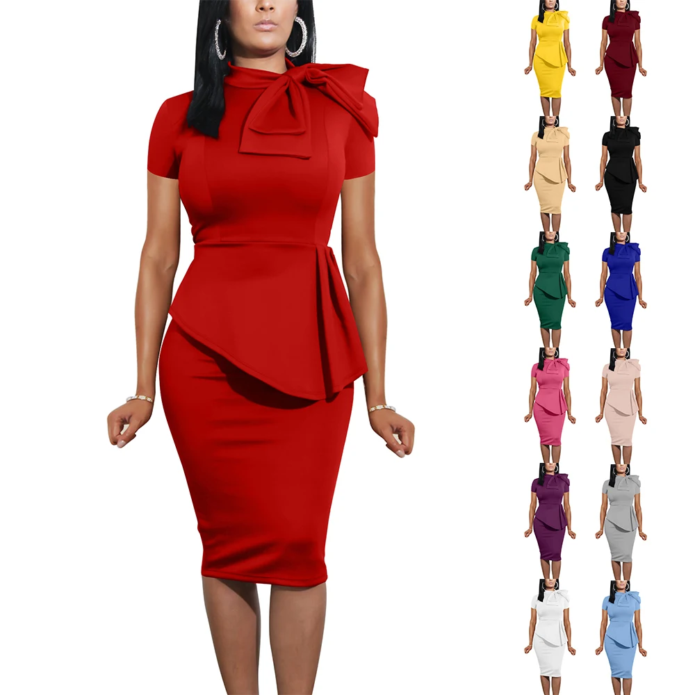 Custom New Design Women Fashion Peplum Bodycon Short Sleeve Bow Club Ruffle Pencil Party Dress