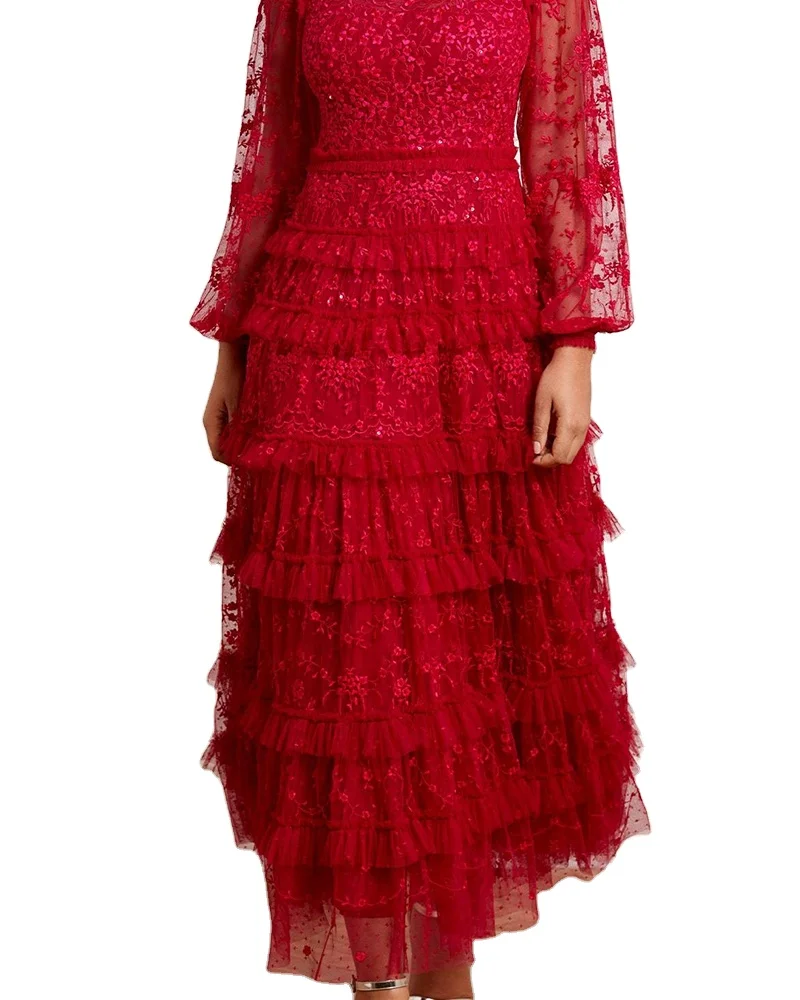 2023 Custom Korean Casual Elegant Plus size Long Sleeve O-Neck Embroidered Floral Bride Evening Dress