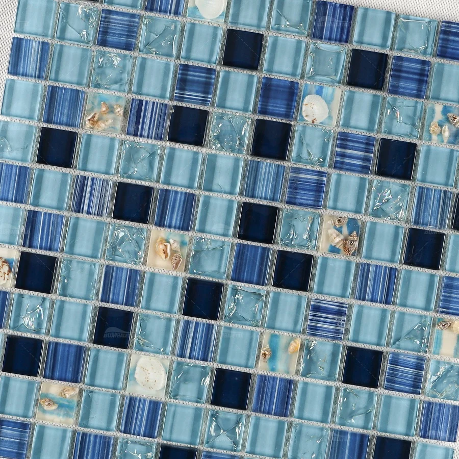 Bluwhale Tile Wholesaler Bathroom Stone Conch Resin Mix Blue Square Glass Swimming Pool Mosaic Tile Pool Mosaic Crystal